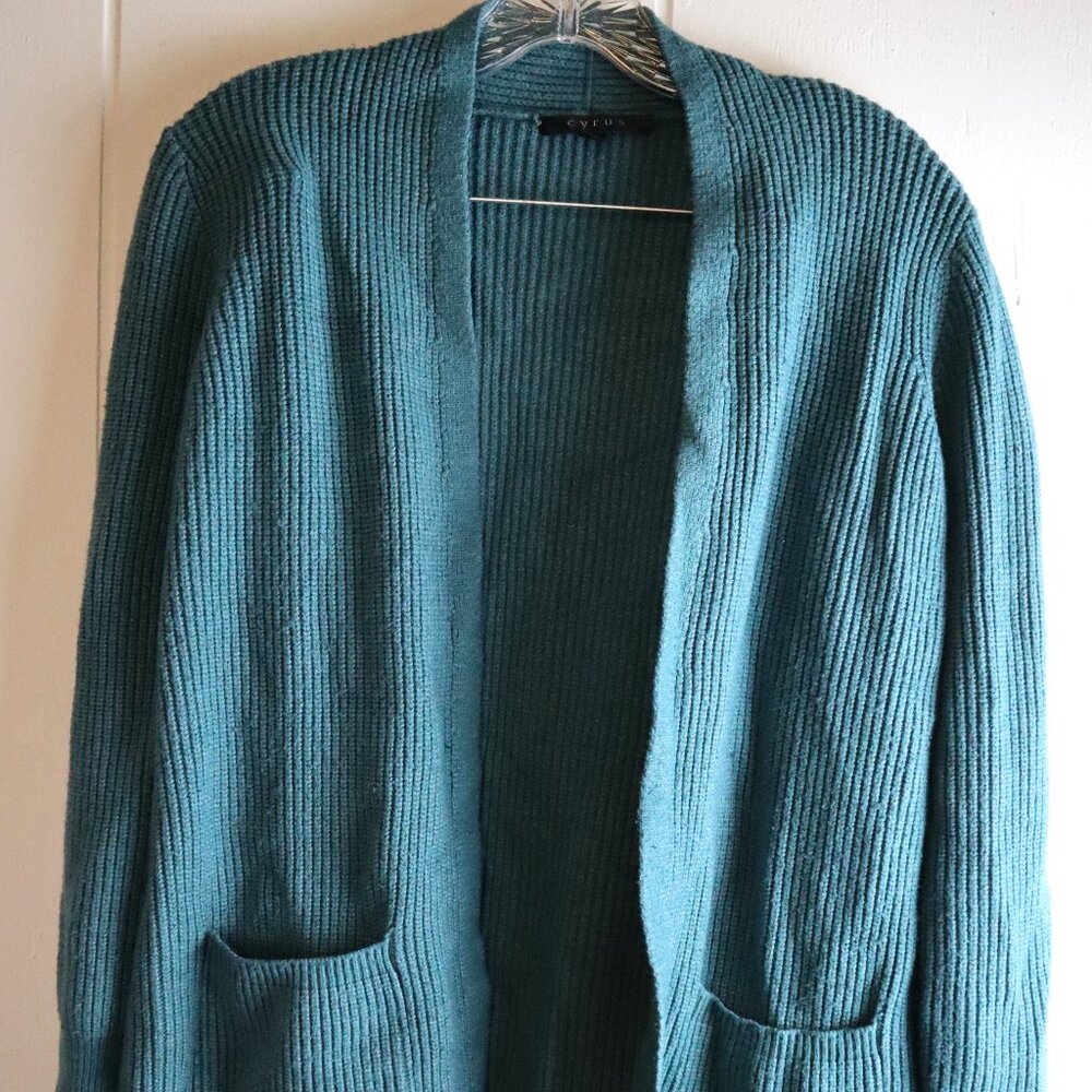 Womens M Cyrus Turquoise Ribbed Open Front Cardigan Sweater Pockets Chunky